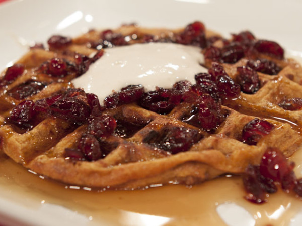Cranberry Maple Syrup-Drizzled Sweet Potato Waffles