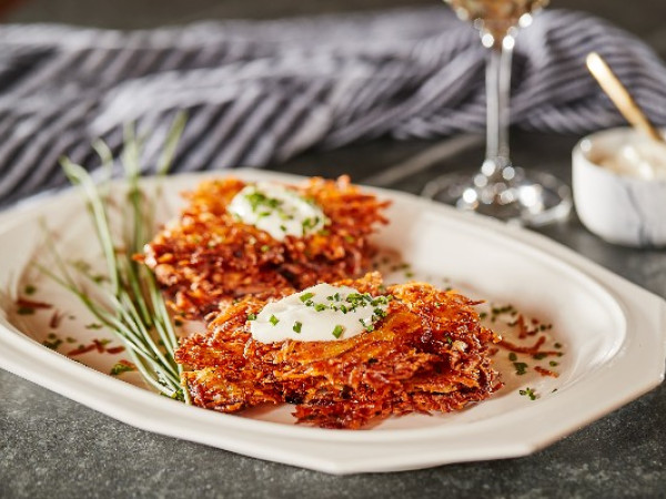 Savory Potato Latkes with Sweet Caramelized Pears, Goat Cheese, and a Sherry Vinegar Drizzle