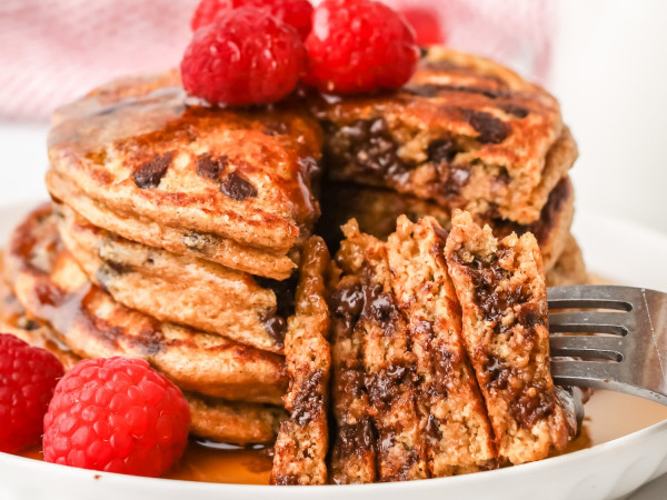 Pancakes with Chocolate Chips, Oats, and Strawberry Greek Yogurt
