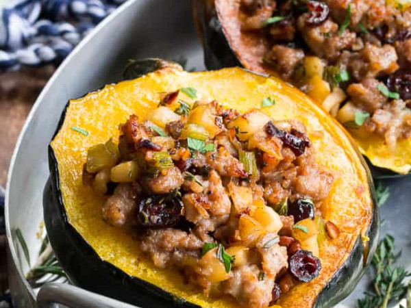 Acorn Squash Filled with Sausage, Apples, and Cranberries