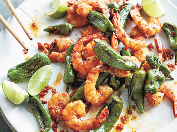 Garlic-Infused Shrimp Primavera Featuring Shishito Peppers