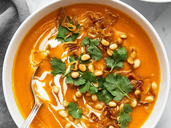Hearty Thanksgiving Soup for Vegetarians featuring Carrots, Ginger, and Coconut