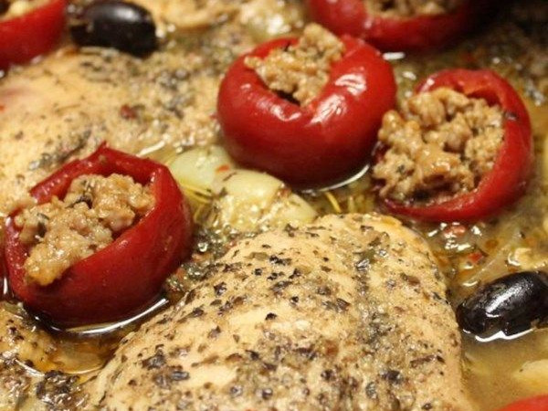 Spicy Chicken Mediterranean Style with Sausage-Stuffed Cherry Peppers