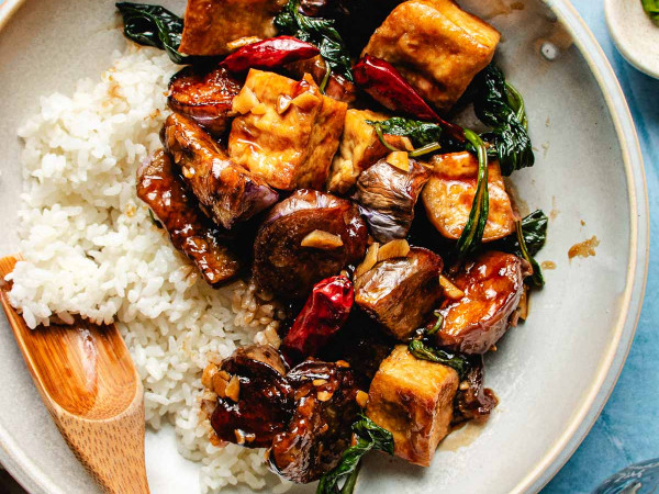 Sautéed Chinese Eggplant, Tofu, and Thai Basil