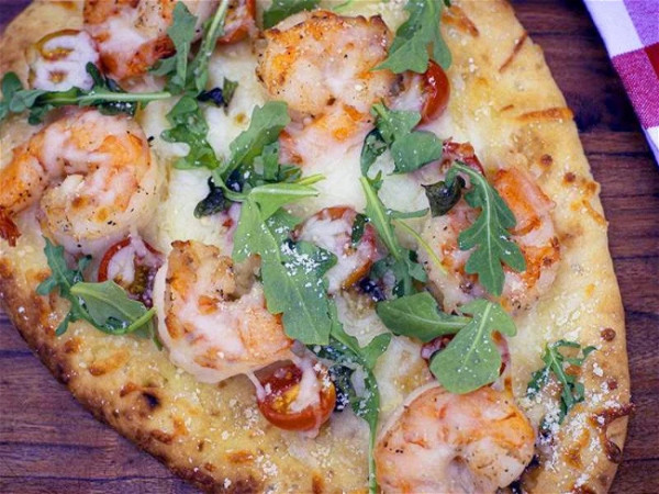 Shrimp Alfredo on Naan Bread