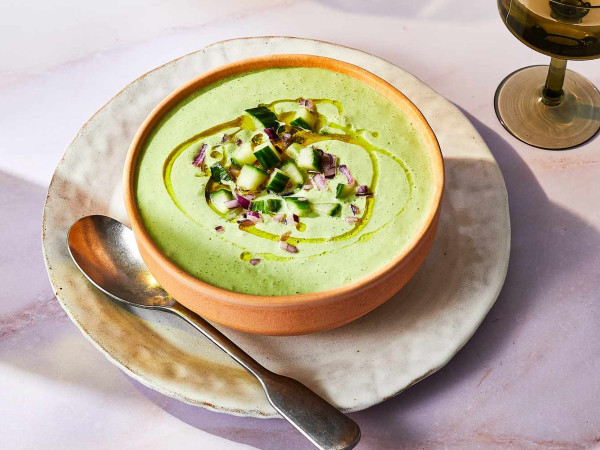 Refreshing Cold Cucumber Soup Topped with Labneh