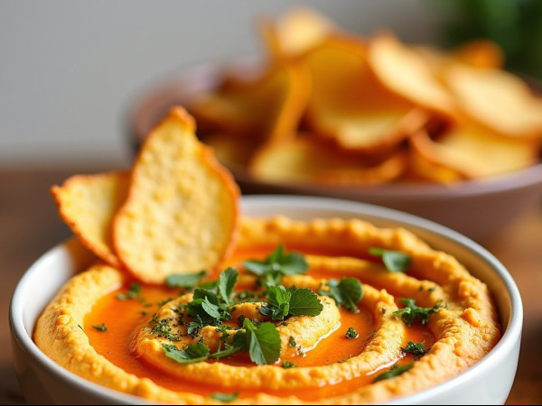 Cauliflower and Red Pepper Hummus Paired with Crunchy Plantain Chips
