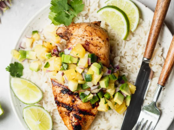 Blessed Guacamole Soup Accompanied by Grilled Lemon-Jerk Chicken
