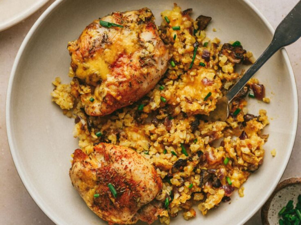 Savory Cauliflower Rice with Nuts and Sweet Bacon-Wrapped Chicken