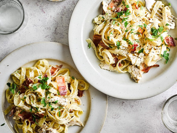 Pasta Tossed with Chicken, Bacon, and Seasonal Vegetables