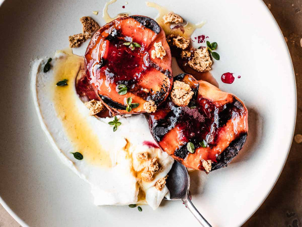 Grilled Peach and Mascarpone Toast Drizzled with Honey