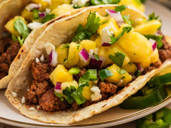 Pineapple Salsa and Ground Bison Breakfast Tacos