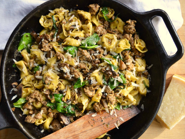 Mushroom-Spinach Cream Sauce over Cheese Tortellini and Italian Sausage