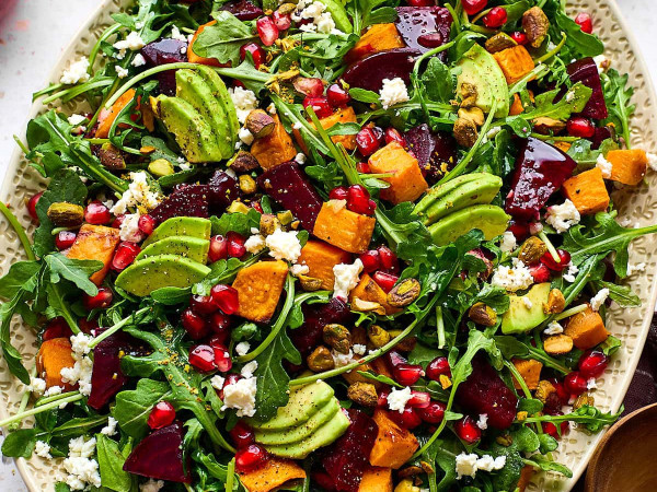 Roasted Sweet Potato and Beet Noodle Salad with Goat Cheese and Pistachio Vinaigrette