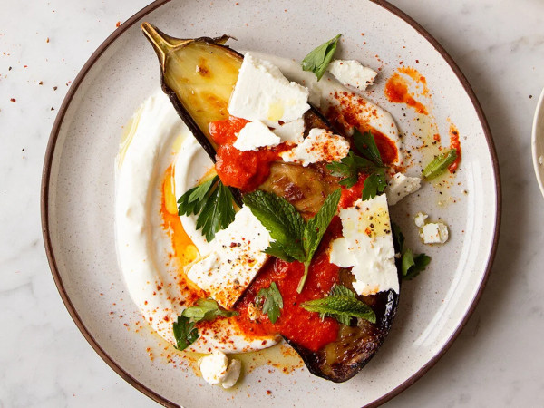 Roasted Eggplant and Bell Peppers with Feta Cheese
