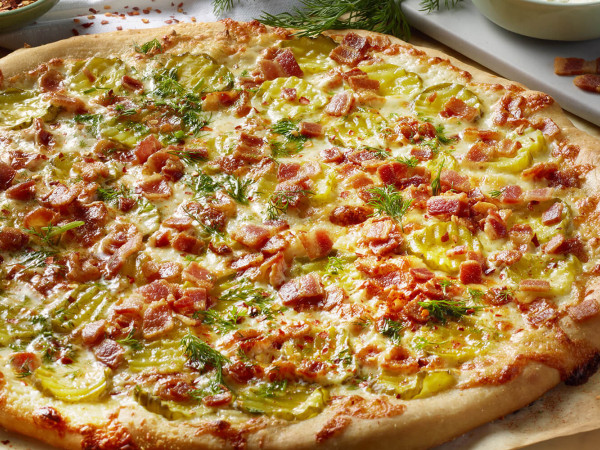 Bacon, Pickle, and Garlic Pizza Delight