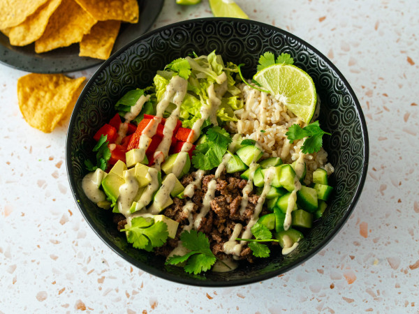 Beef Bowl with Tex-Mex Flavors and Avocado Cilantro Sauce