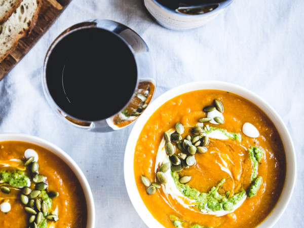 Sweet Potato Soup with Kale Pesto (Vegan)