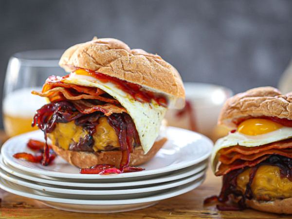 Cheeseburgers with Bacon and Eggs