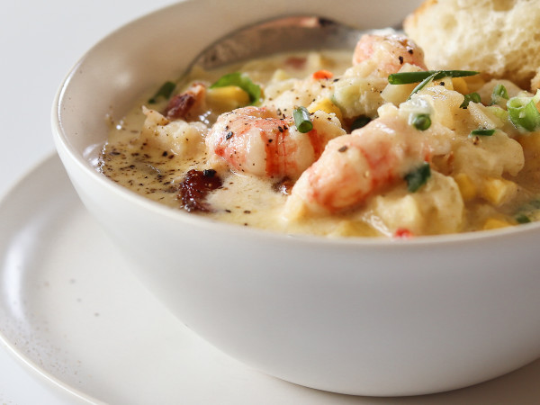Creamy Leek and Potato Soup with Shrimp and Corn