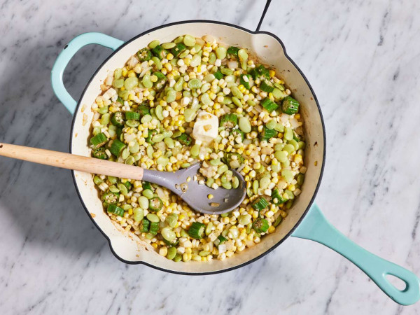 Creamy Succotash Featuring Bacon, Thyme, and Chives