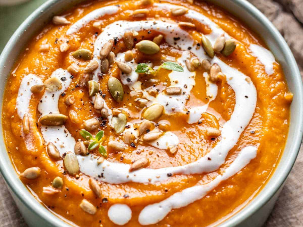 Savory Soup with Roasted Pumpkin, Sweet Potatoes, and Carrots