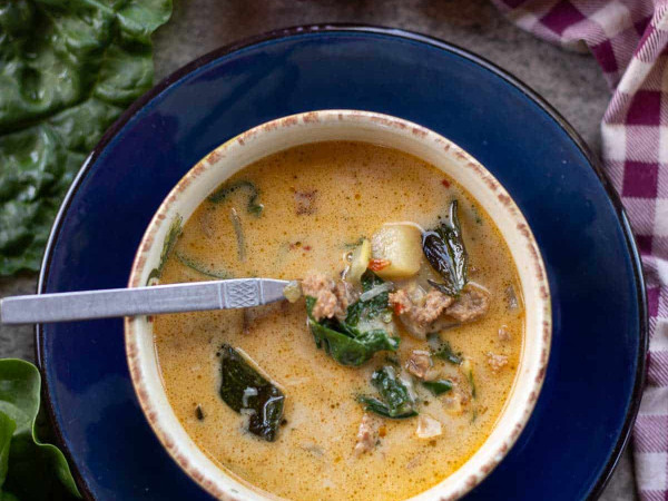 Vegetable Soup from the CSA Featuring Kale, Chard, and Garlic Scapes