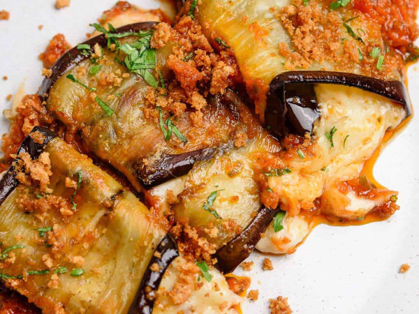 Stuffed Eggplant Rolls with a Bell Pepper Sauce