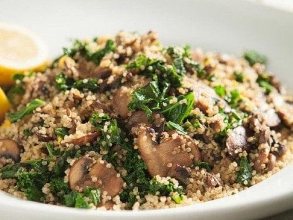 Mushroom and Kale Stroganoff Served Over Quinoa
