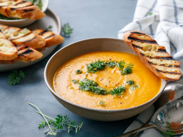 Vegan Vegetable Soup with Carrot Tops