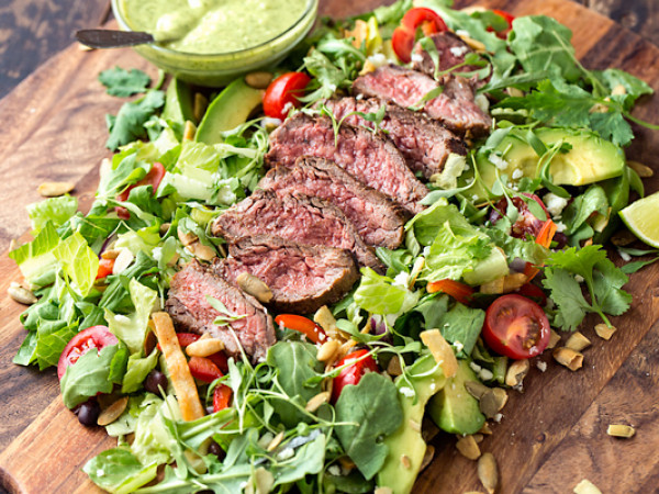 Slow-Cooked Steak Salad Drizzled with Cilantro Lime Dressing