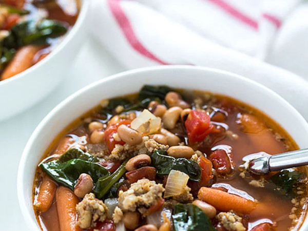 Savory Vegetable Soup with Black-Eyed Peas and Spinach