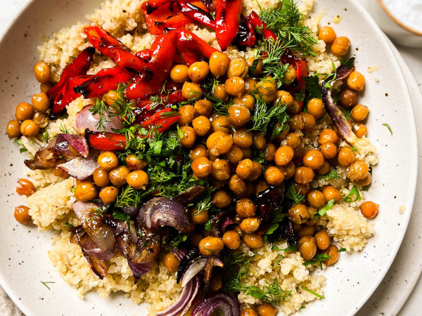 Pantry-Friendly Curried Quinoa with Chickpeas and Roasted Bell Peppers