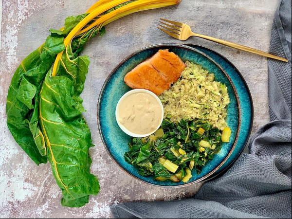 Salmon and Swiss Chard Quinoa Bowl