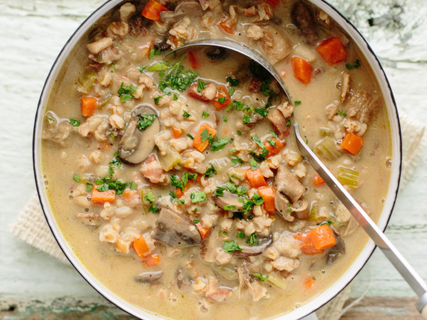Mushroom and Farro Soup with a Creamy Vegan Twist