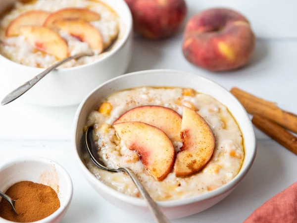 Brown Rice Pudding Topped with Peaches