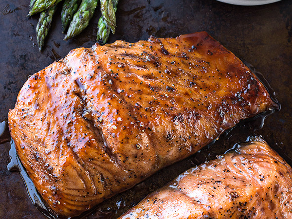 Salmon with Bourbon Glaze and Oven-Baked Asparagus
